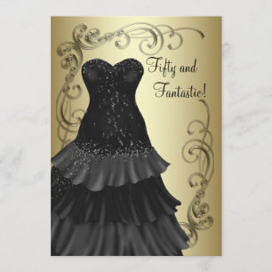 Invitación Fiesta de cumpleaños 50 de mujer vestido negro oro