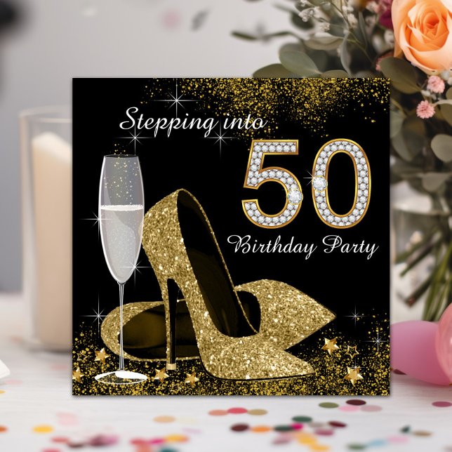 Invitación Fiesta de Cumpleaños 50 de Negro y Dorado (Beautiful black and gold Stepping into 50th birthday invitation. Simply add your event details.)