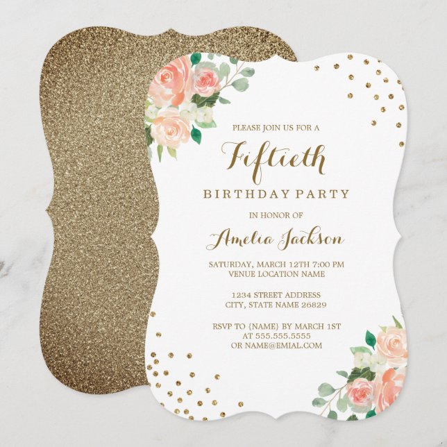 Invitación Fiesta de cumpleaños 50 de Peach Gold Floral Confe (Anverso / Reverso)