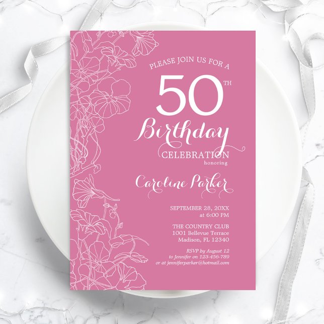 Invitación Fiesta de cumpleaños 50 de Pink Floral (Subido por el creador)