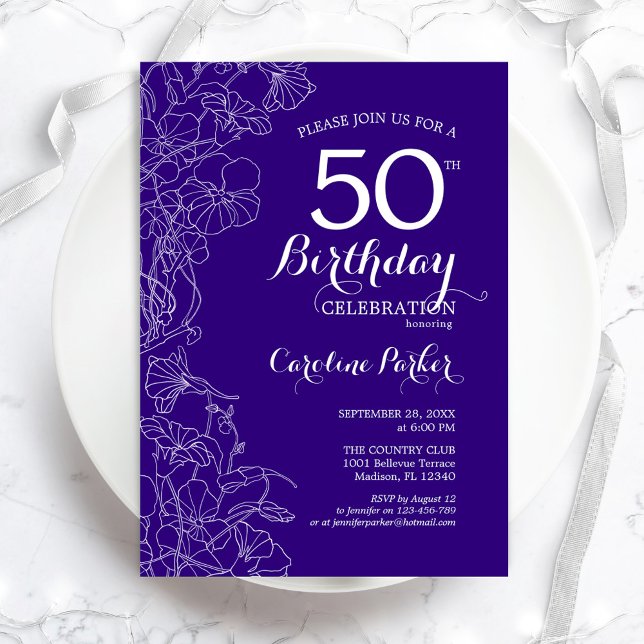 Invitación Fiesta de cumpleaños 50 de Purple Floral (Subido por el creador)