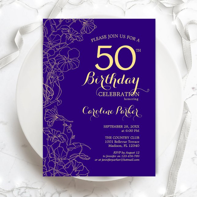 Invitación Fiesta de cumpleaños 50 de Purple Gold Floral (Subido por el creador)