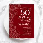 Invitación Fiesta de cumpleaños 50 de Red Floral<br><div class="desc">Invitación a la fiesta de cumpleaños número 50 de la Floral Blanca Roja. Diseño moderno minimalista con acentos botánicos de dibujo y tipo de letra de escritura tipográfica. Sencilla carta de invitación a la moda, perfecta para una elegante celebración de cumpleaños femenina. Se puede personalizar a cualquier edad. Invitaciones Zazzle...</div>