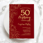 Invitación Fiesta de cumpleaños 50 de Red Gold Floral<br><div class="desc">Invitación a la fiesta de cumpleaños 50 de Red Gold Floral. Diseño moderno minimalista con dibujos botánicos de contorno acentos, Relieve metalizado de oro falso y tipo de letra de escritura tipográfica. Sencilla carta de invitación a la moda, perfecta para una elegante celebración de cumpleaños femenina. Se puede personalizar a...</div>