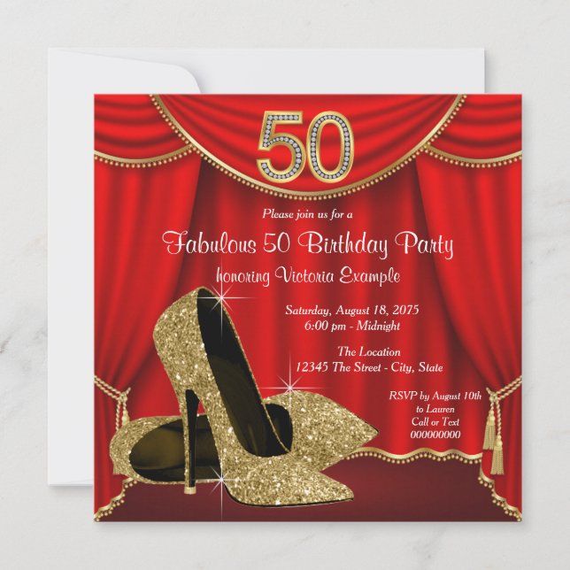 Invitación Fiesta de cumpleaños 50 de Red Gold High Heels (Anverso)