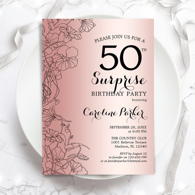 Invitación Fiesta de cumpleaños 50 de Rosa Gold Surprise (Subido por el creador)