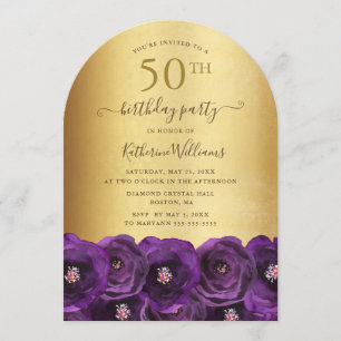 Invitación Fiesta de cumpleaños 50 de Rosa Púrpura Floral Dor