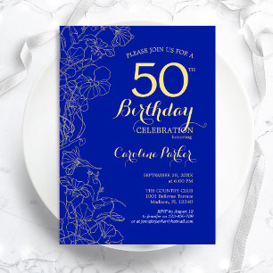Invitación Fiesta de cumpleaños 50 de Royal Blue Gold Floral