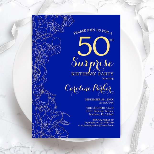 Invitación Fiesta de cumpleaños 50 de Royal Blue Gold Surpris (Subido por el creador)