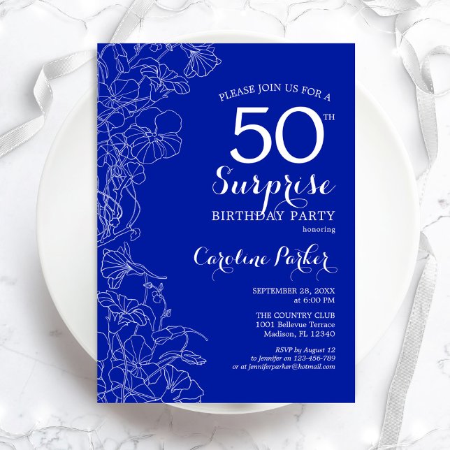 Invitación Fiesta de cumpleaños 50 de Royal Blue White Surpri (Subido por el creador)