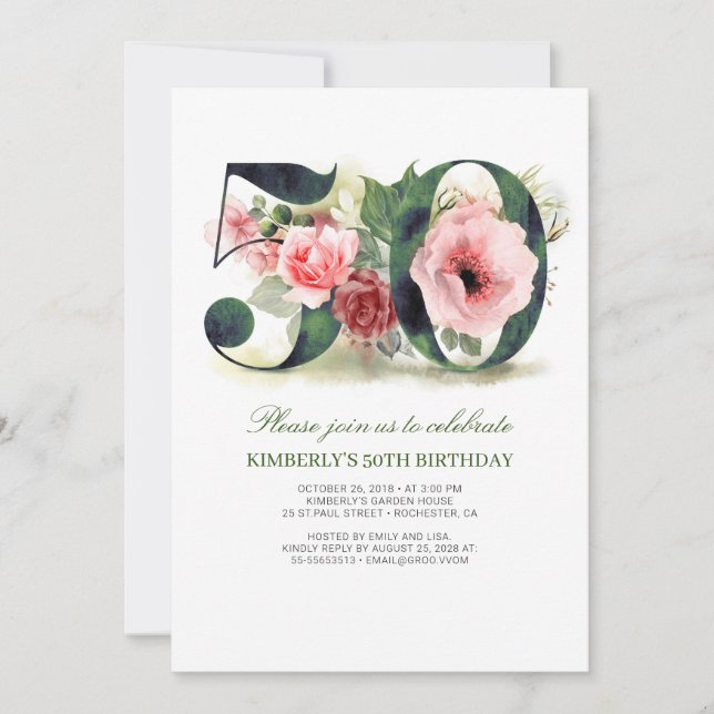 Invitación Fiesta de cumpleaños 50 de Rubor Pink Floral (Anverso)
