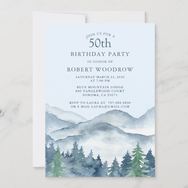 Invitación Fiesta de cumpleaños 50 de Rustic Forest Mountains (Anverso)