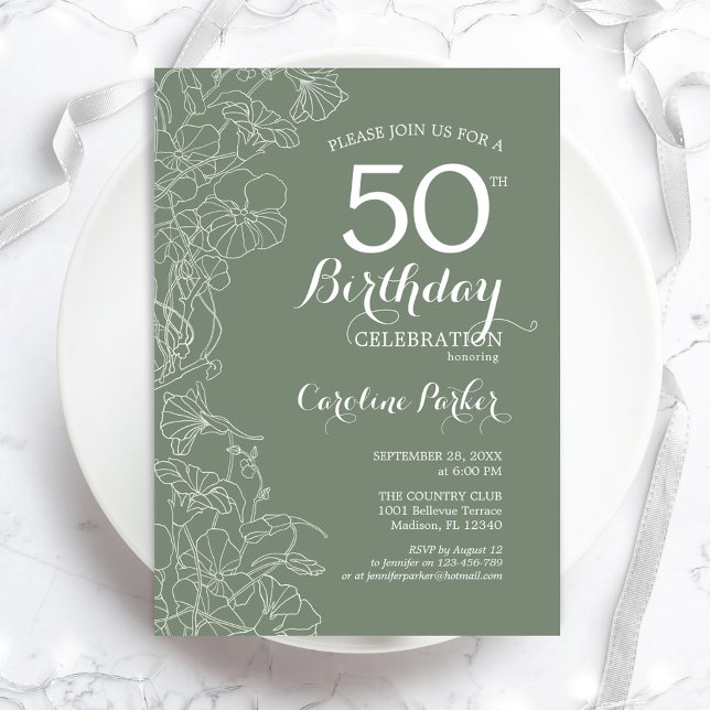 Invitación Fiesta de cumpleaños 50 de Sage Green Floral (Subido por el creador)