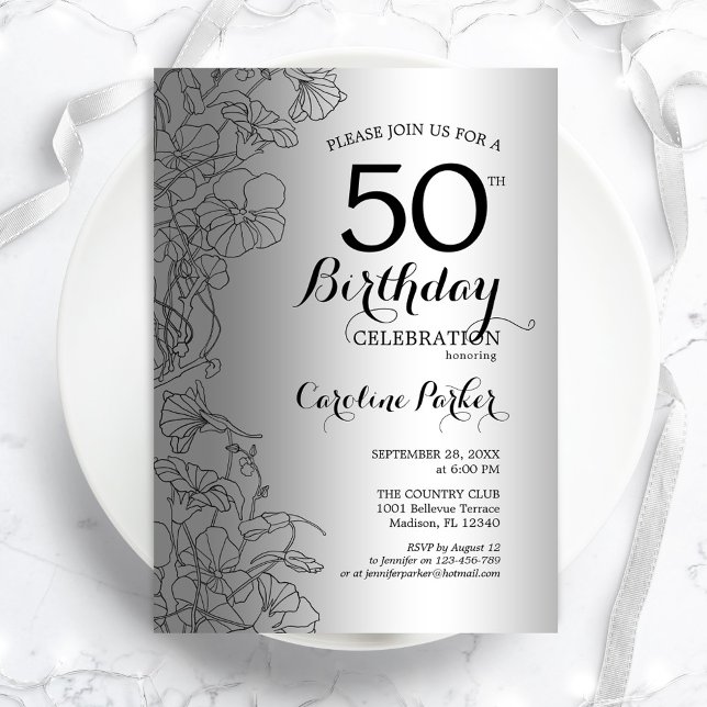 Invitación Fiesta de cumpleaños 50 de Silver Black Floral (Subido por el creador)