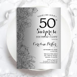 Invitación Fiesta de cumpleaños 50 de Silver Surprise<br><div class="desc">Invitación a la fiesta de cumpleaños número 50 de Silver Surprise. Diseño femenino de Glam con Relieve metalizado plateado falso, acentos botánicos y tipografía de escritura. Sencilla tarjeta de invitación floral perfecta para una elegante celebración de cumpleaños sorpresa femenina. Se puede personalizar a cualquier edad. Invitaciones Zazzle impresas o una...</div>