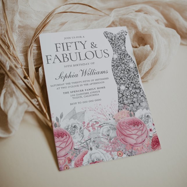 Invitación Fiesta de cumpleaños 50 de Silver y Rubor Pink (Subido por el creador)