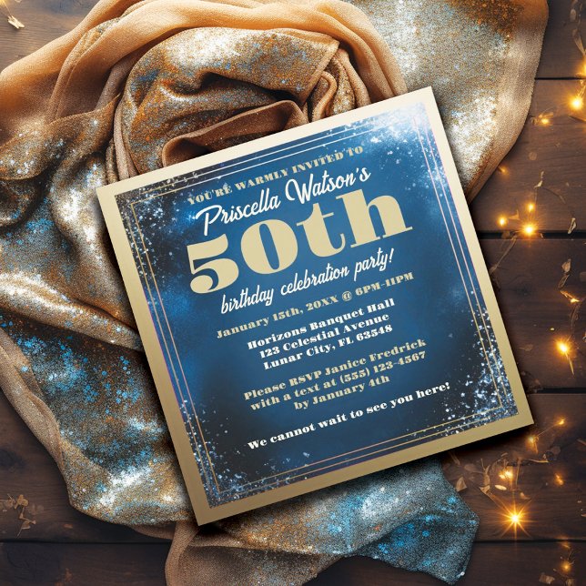 Invitación Fiesta de cumpleaños 50 de Sunkling Blue y Gold (BLUE and GOLD GLAMOR GLITTER BIRTHDAY PARTY INVITATION)