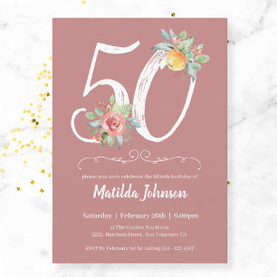Invitación Fiesta de cumpleaños 50 de Watercolor Rosa Floral