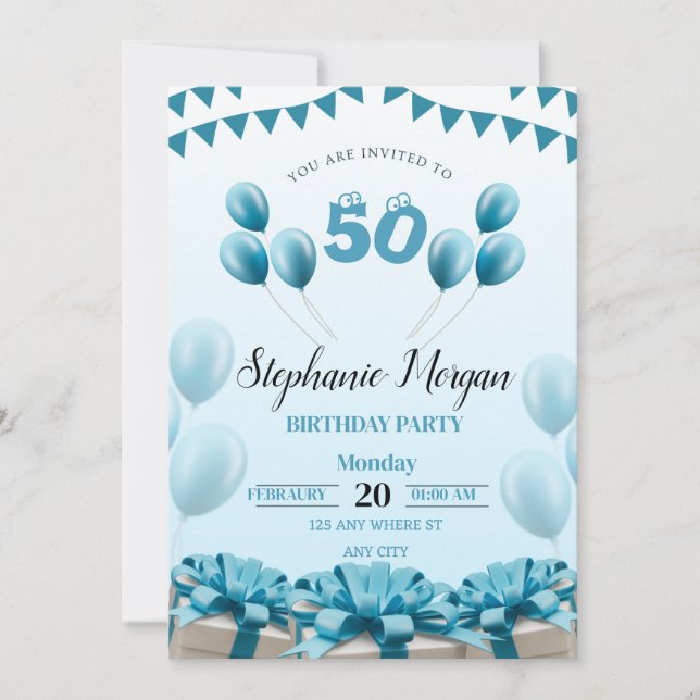Invitación Fiesta de cumpleaños 50 del Blue Modern personaliz (Anverso)