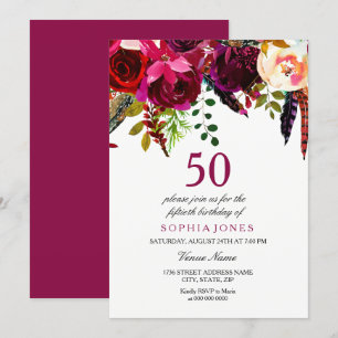 Invitación Fiesta de cumpleaños 50 del Boho Rosado y Borgoña