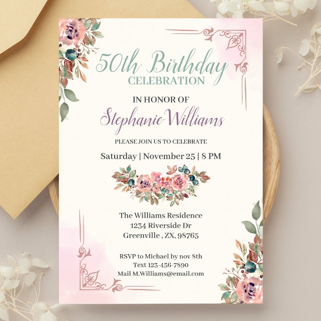 Invitación Fiesta de cumpleaños 50 del Clásico Floral Femenin (Subido por el creador)