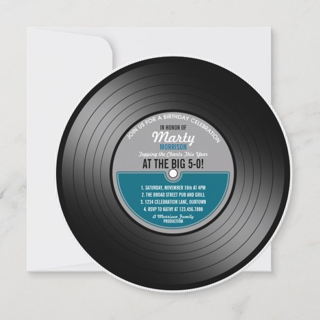 Invitación Fiesta de cumpleaños 50 del disco de vinilo etique (Anverso)