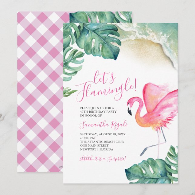 Invitación Fiesta de cumpleaños 50 del Flamingo Rosado Tropic (Anverso / Reverso)