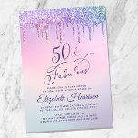 Invitación Fiesta de cumpleaños 50 del Pink Purpurina púrpura<br><div class="desc">Elegante y moda 50ª invitación virtual de cumpleaños con "50 & Fabulous" en un elegante guion morado oscuro con un arcoiris de purpurina de oro morado,  rosa,  azul y verde goteando desde arriba. Puede agregar fácilmente los detalles del fiesta en línea en tipografía morada oscura.</div>