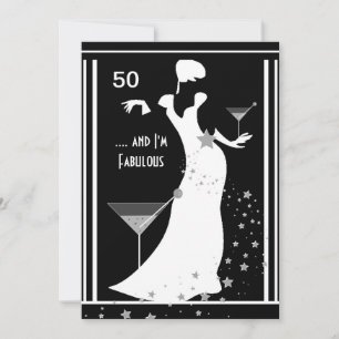 Invitación Fiesta de cumpleaños 50 Diva Art déco Negro Blanco