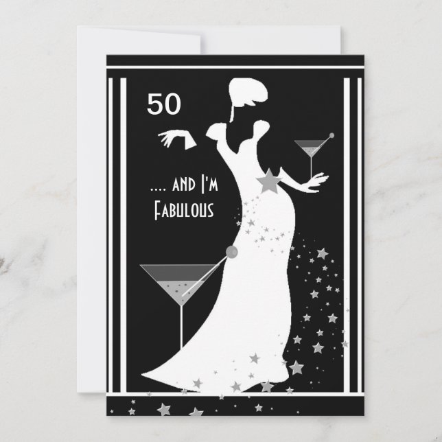 Invitación Fiesta de cumpleaños 50 Diva Art déco Negro Blanco (Anverso)