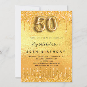 Invitación fiesta de cumpleaños 50 dorado con gotas de brillo