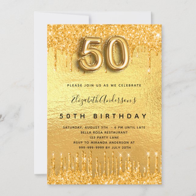 Invitación fiesta de cumpleaños 50 dorado con gotas de brillo (Anverso)