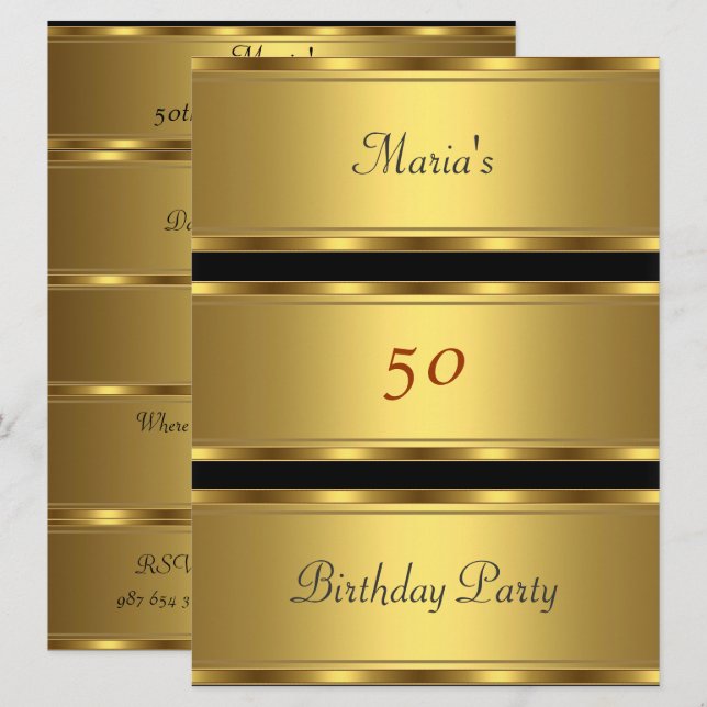 Invitación Fiesta de cumpleaños 50 dorado Dorado Negro (Anverso / Reverso)