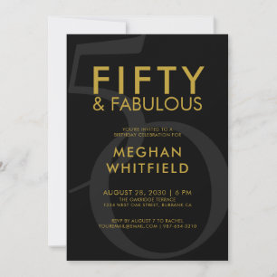 Invitación Fiesta de cumpleaños 50 dorado negro cincuenta y f