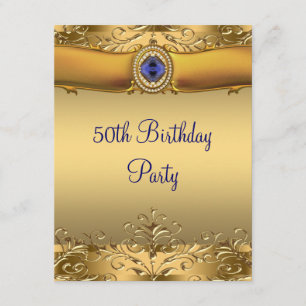 Invitación Fiesta de Cumpleaños 50 Elegante Azul Real y Dorad