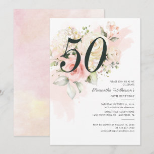 Invitación Fiesta de Cumpleaños 50 Elegante con Flores Rosada