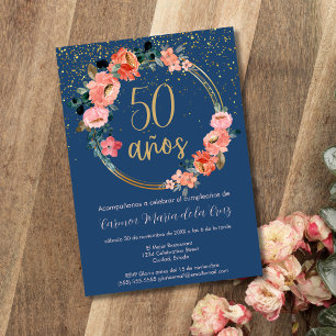 Invitación Fiesta de Cumpleaños 50 Elegante Floral Azul Españ