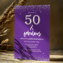 Invitación Fiesta de cumpleaños 50 en Purpura Brillo Plateado