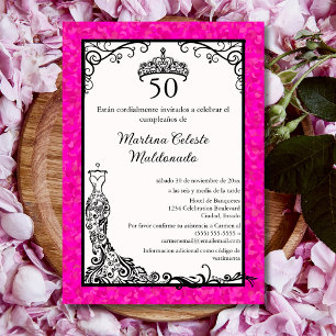 Invitación Fiesta de Cumpleaños 50 Española Rosa Fucsia Negra