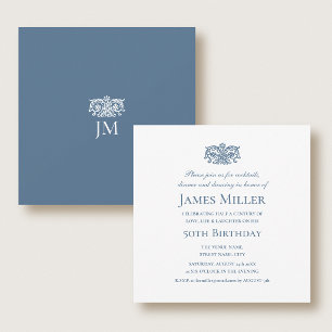Invitación Fiesta de Cumpleaños 50 Estilosa Elegante Azul Orn