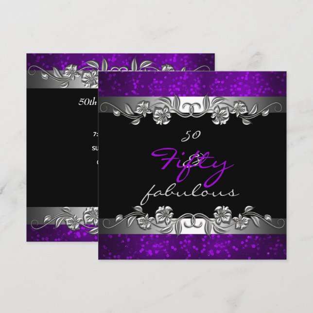 Invitación Fiesta de cumpleaños 50 & Fabuloso 50 Purple (Anverso / Reverso)