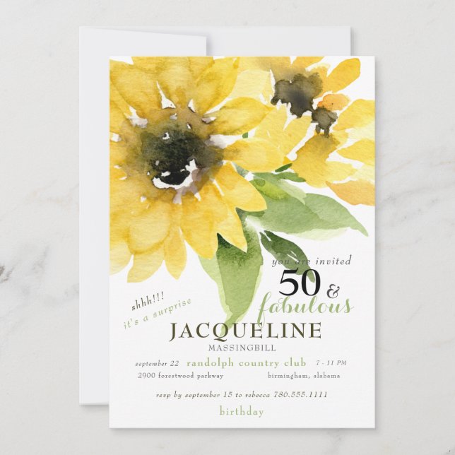 Invitación Fiesta de Cumpleaños 50 & Fabuloso Modern Sunflowe (Anverso)
