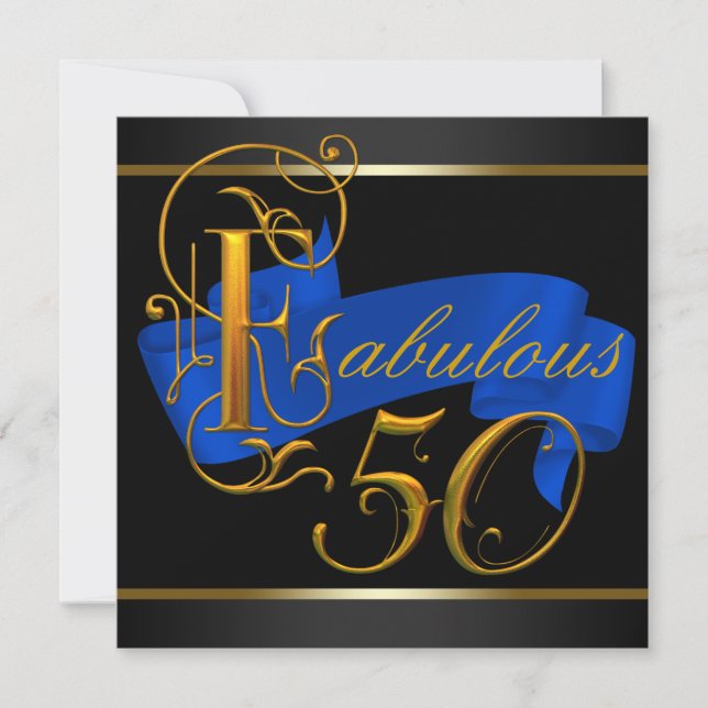 Invitación Fiesta de Cumpleaños 50 Fantástica de Azul Real y  (Anverso)