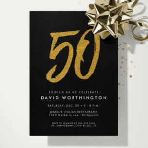 Invitación fiesta de cumpleaños 50 faux dorado brillo negro