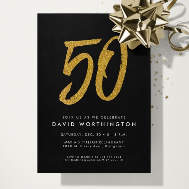 Invitación fiesta de cumpleaños 50 faux dorado brillo negro (Subido por el creador)