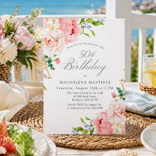 Invitación Fiesta de cumpleaños 50 Feminino Rosas rosadas Flo