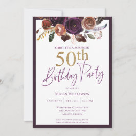 Invitación Fiesta de cumpleaños 50 Floral Gold Purple Surpris