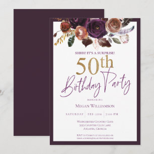 Invitación Fiesta de cumpleaños 50 Floral Gold Purple Surpris