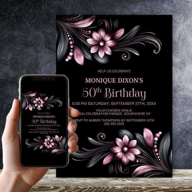 Invitación Fiesta de cumpleaños 50 Floral Rosa Negro (Subido por el creador)