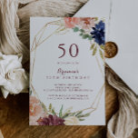 Invitación Fiesta de cumpleaños 50 Geométrica Rustic Gold<br><div class="desc">Esta geométrica y rústica invitación a la fiesta de cumpleaños número 50 es perfecta para una fiesta de cumpleaños moderna. El diseño se compone de acuarela de color púrpura,  marina,  rubor,  burdeos,  flores de la marina,  hojas verdes y doradas y un marco geométrico elegante.</div>